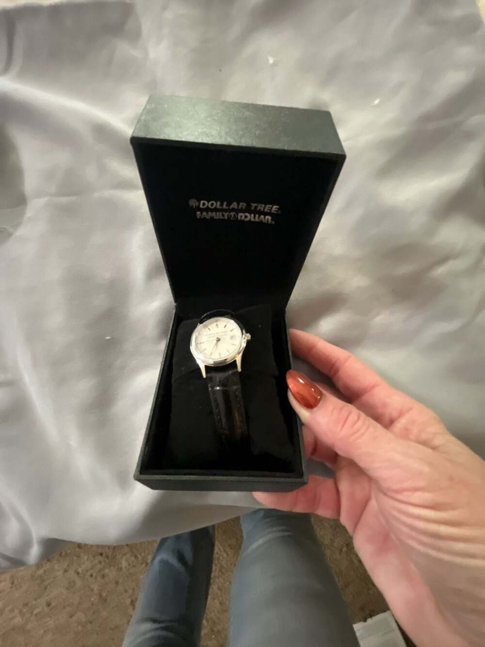 Dollar Tree Silver Tone Women Watch With Black Leather Strap and Gift Box